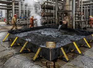 Berma de contención masiva de 750 galones para petcoke y lodos industriales en refinería.