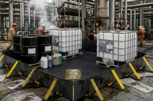 Contención de derrames de 180 galones para tambos y Totes IBC en áreas de perforación y procesos.