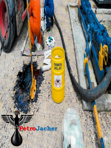 Kit antiderrames de hidrocarburos con cordones absorbentes y tapetes para limpieza de suelos en pozos.